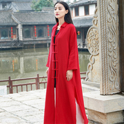 Vintage nghệ thuật bông denim jacket ảnh màu đỏ nữ dài trong dài đến đầu gối chất liệu vải lỏng lẻo bên ngoài cardigan