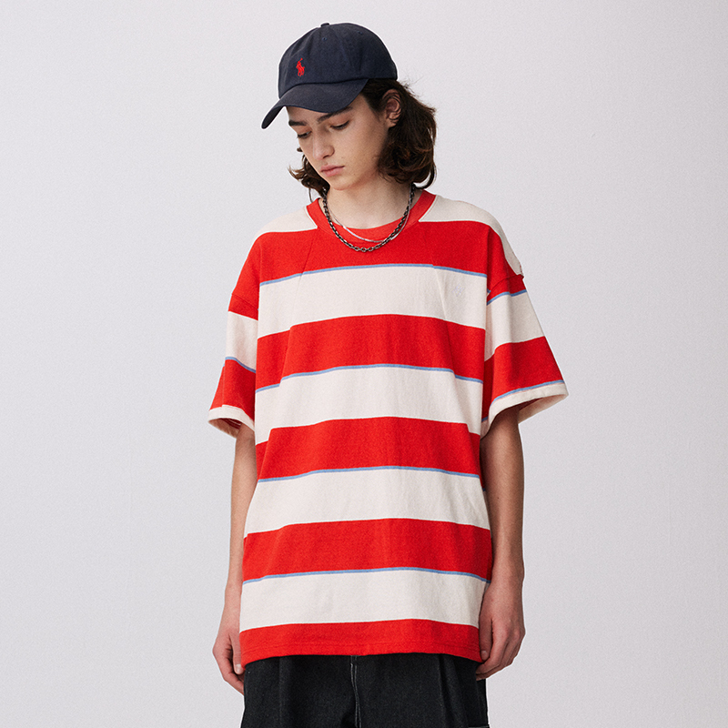 Mokacme 22Ss Spring/Summer New Custom Woven Striped Hidden Pocket City Boy Short Sleeve 260g Heavy Fabric Unisex