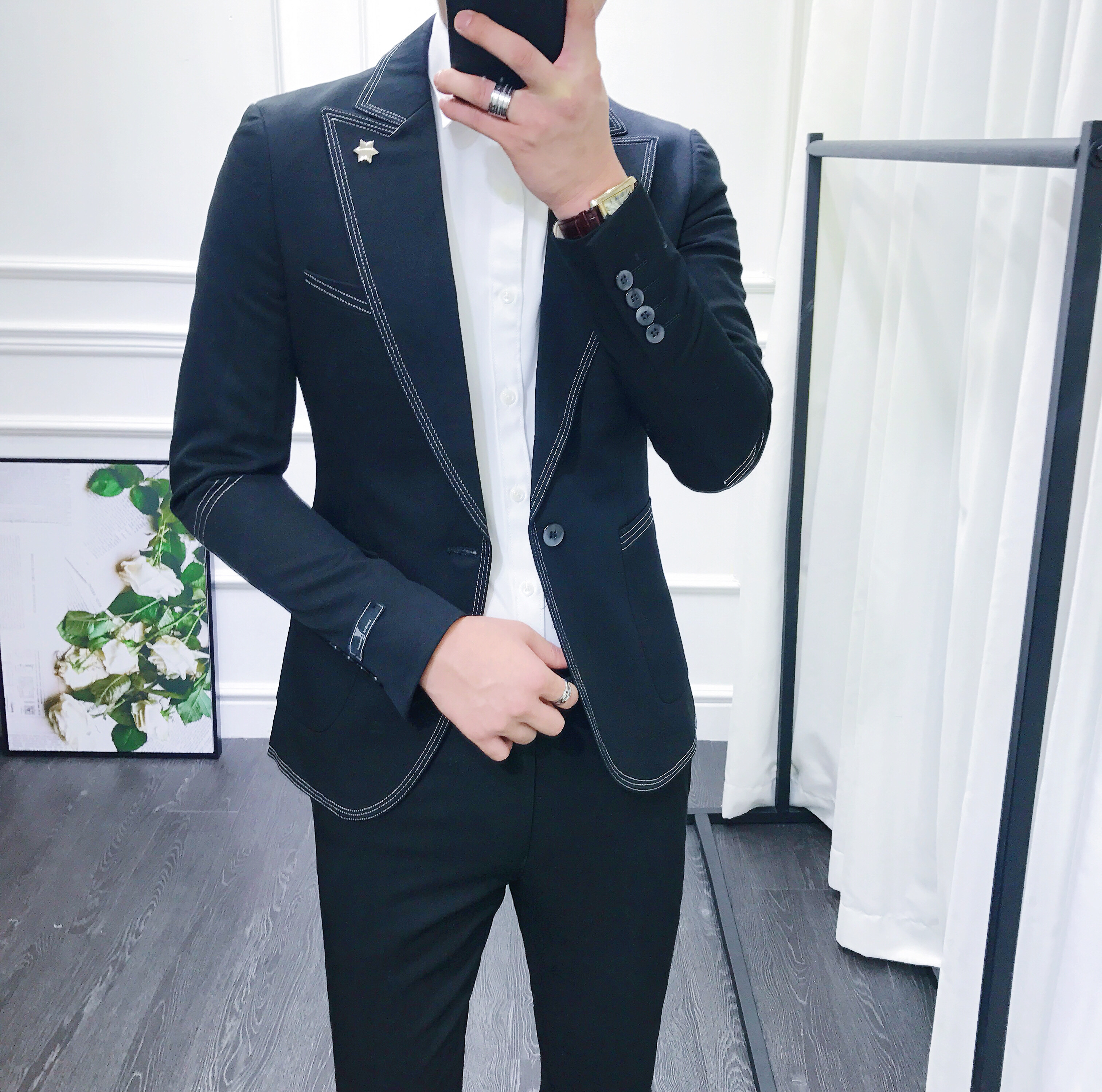 Phiên bản Hàn Quốc của Slim British phong cách phù hợp với bộ ngực đơn phù hợp với thanh niên giản dị Nhà tạo mẫu tóc nhỏ phù hợp với hai bộ thủy triều đồ vest nam