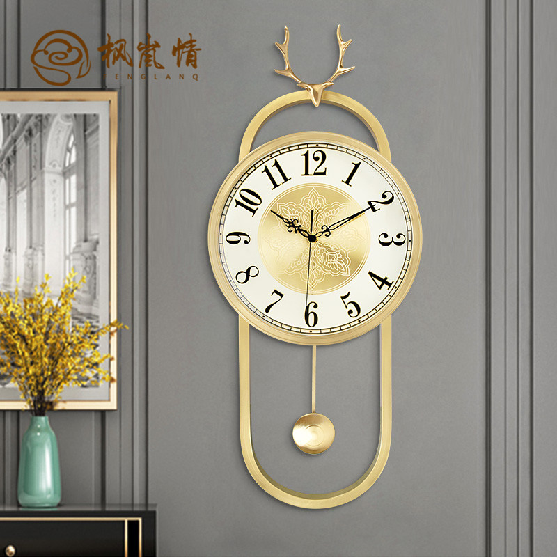 Feng Lanqing European-style light luxury wall clock living room home fashion creative art pure copper deer head quartz watch wall clock