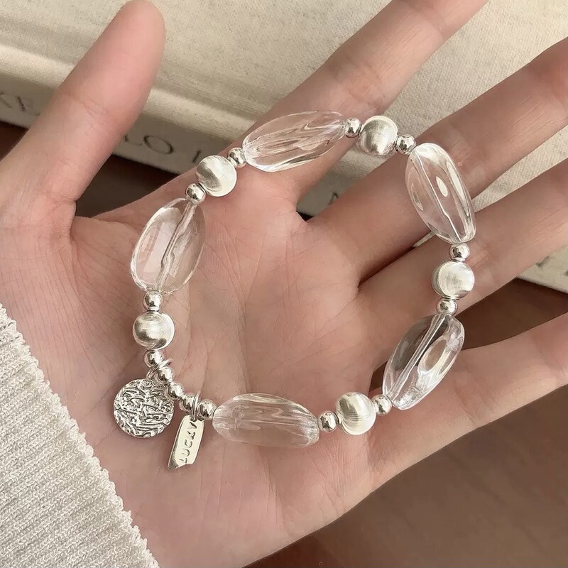 S925 Sterling Silver White Crystal Brushed Cat's Eye Round Pendant Bracelet, Fashionable ins Style Elastic Cord Niche Design Women's Bracelet S925 Sterling Silver White Crystal Brushed Cat's Eye Round Pendant Bracelet, Fashionable ins Style Elastic Cord Niche Design Women's Bracelet