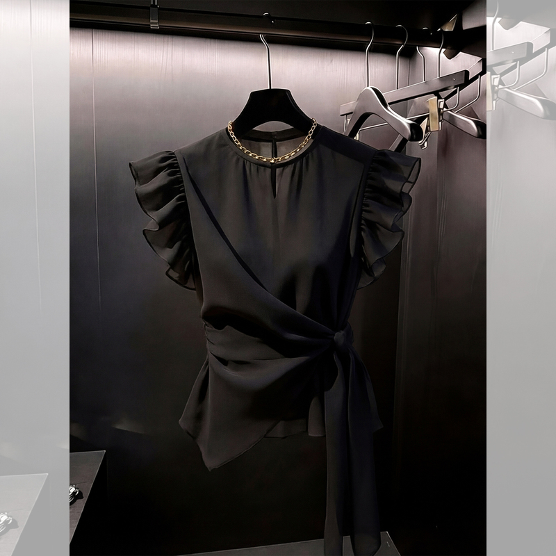 Super Stylish French-Style Unique and Beautiful Women's Summer Blouse with Black Ruffles, Tie-Up Design, and Small Flutter Sleeves