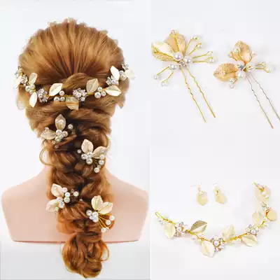 Kameisi golden leaf headdress hairpin imitation pearl hair accessories hand-woven