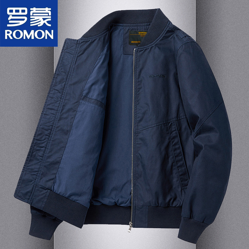 Romon Pure Cotton Bomber Jacket for Men, Spring and Autumn Loose Baseball Jacket, Large Size Retro Workwear Stand Collar Coat, Trendy