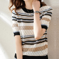 A D Hepburn -- P this year popular new ~ summer new hollowed-out short sleeve T-shirt female loose striped blouse