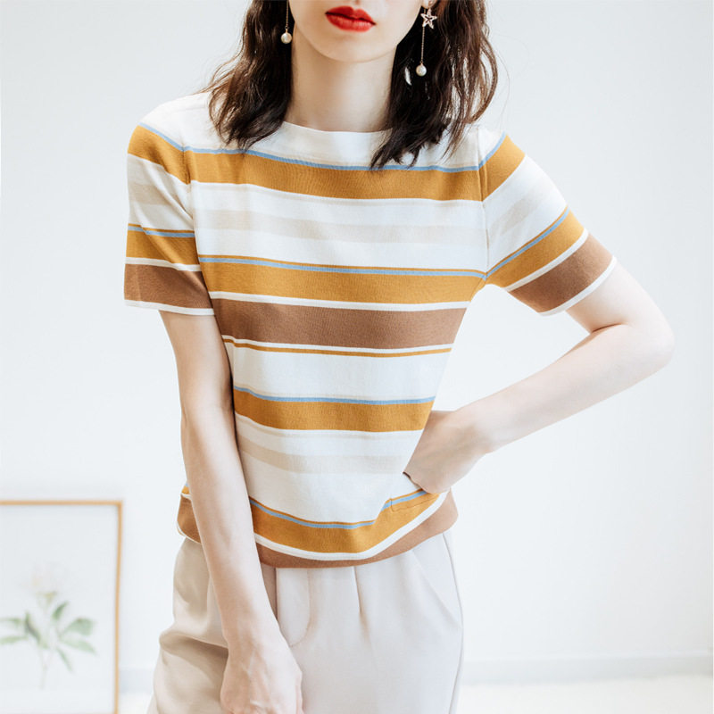 A D Hepburn recommends a new coloured round-collar striped short sleeve topper in summer