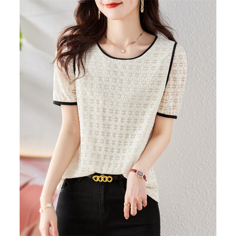A D Hepburn~summer thin collar chic short sleeve shirt women with loose design sense of pure color tops
