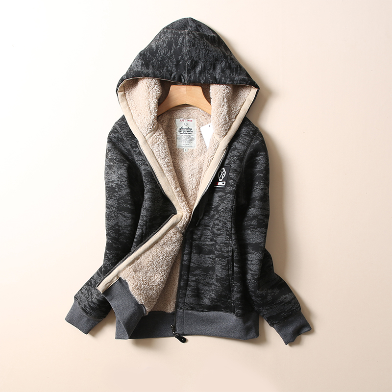 A D Hepburn~2022 autumn and winter new lamb velvet thickened hooded cardigan warm camouflage jacket for men and women