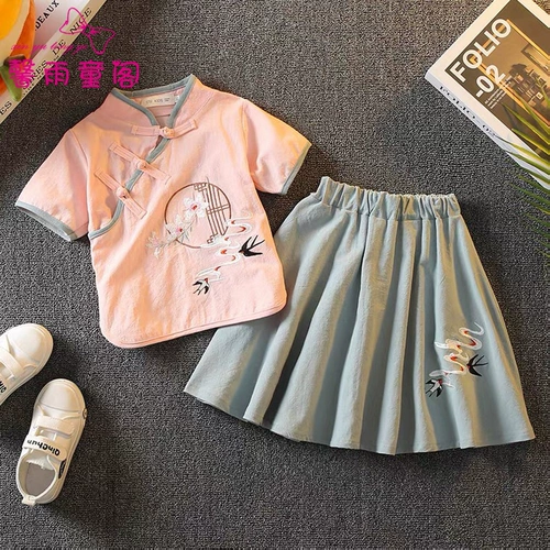 Детское ханьфу, костюм мальчика цветочника, летняя одежда, детский комплект, из хлопка и льна, китайский стиль