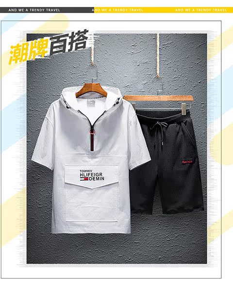 Bộ áo thun nam tay ngắn 2019 xu hướng mới trùm đầu quần áo nửa tay nam đẹp trai phù hợp với thương hiệu váy mùa hè - Bộ đồ đồ bộ mặc nhà