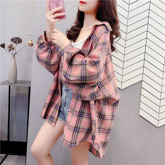 Plaid shirt jacket women's spring and autumn design niche loose lazy style mid-length autumn long-sleeved top shirt