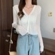 White ice silk sweater for women, sun protection cardigan jacket, summer thin long-sleeved short v-neck top, air-conditioning shirt for outer wear