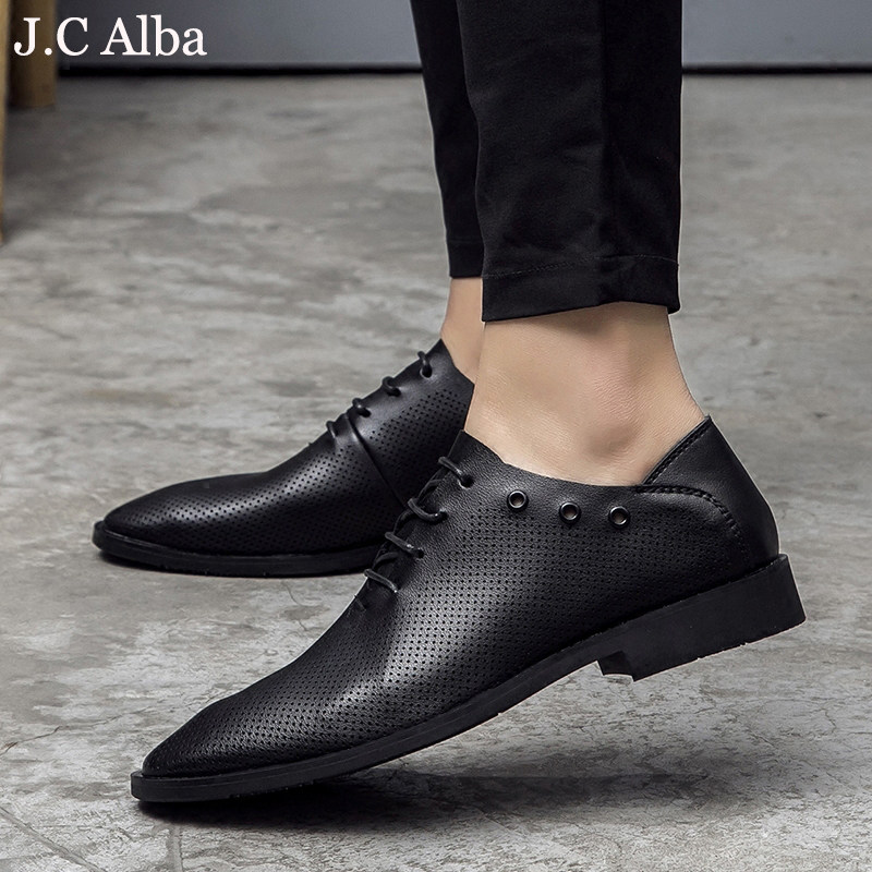 JC Alba Beatty Thorns ~ Summer Leather Shoes Men Business Casual Soft Bottom Genuine Leather Pointed Korean Version Hollowed-out Men's Shoes