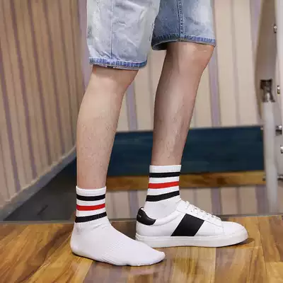 Men's Korean medium socks summer thin cotton three bars striped sports socks fashion trend student White socks