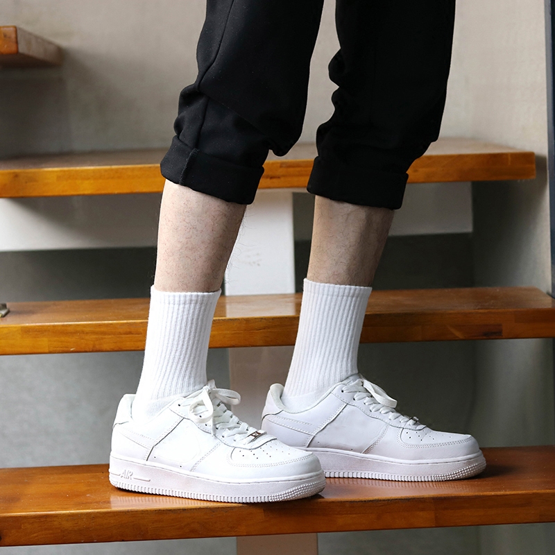 Zimons men's towel bottom long socks autumn winter French terry thick cotton waist high bar white socks street shooting trendy men