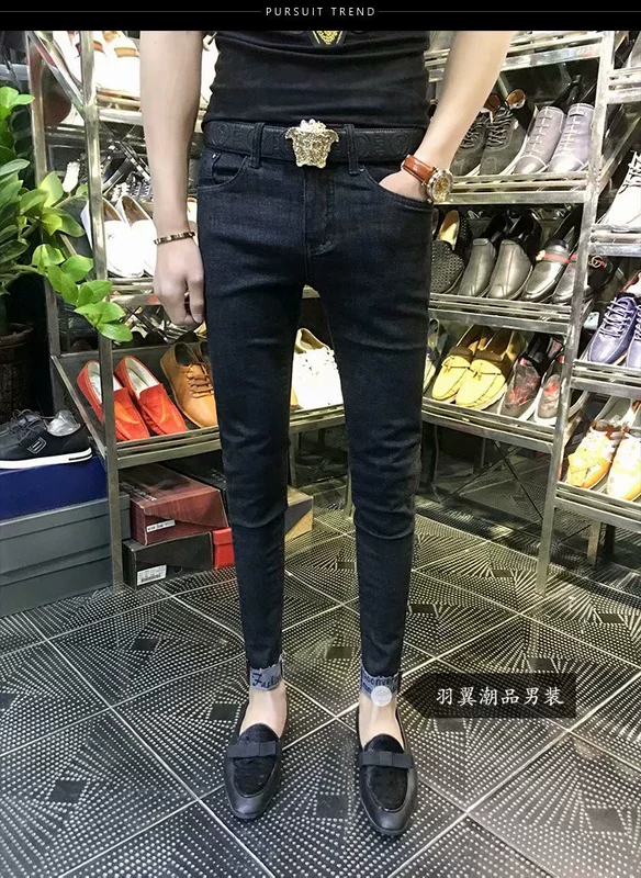 2018 mới thu đông nam quần jeans đen nam chân thon phiên bản Hàn Quốc của xu hướng cộng với quần nhung dày nam