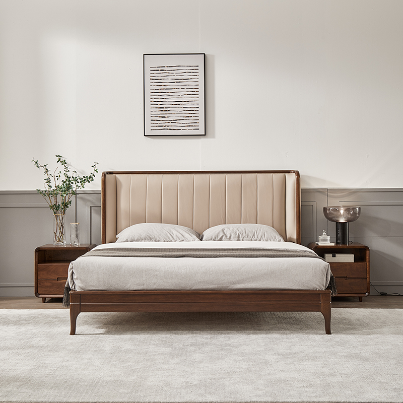 Black Walnuts Wood Double Bed 1 5m Full Solid Wood Soft On Wedding Bed A Mi Eight Genuine Leather Soft Bag Light Extravagant Furniture