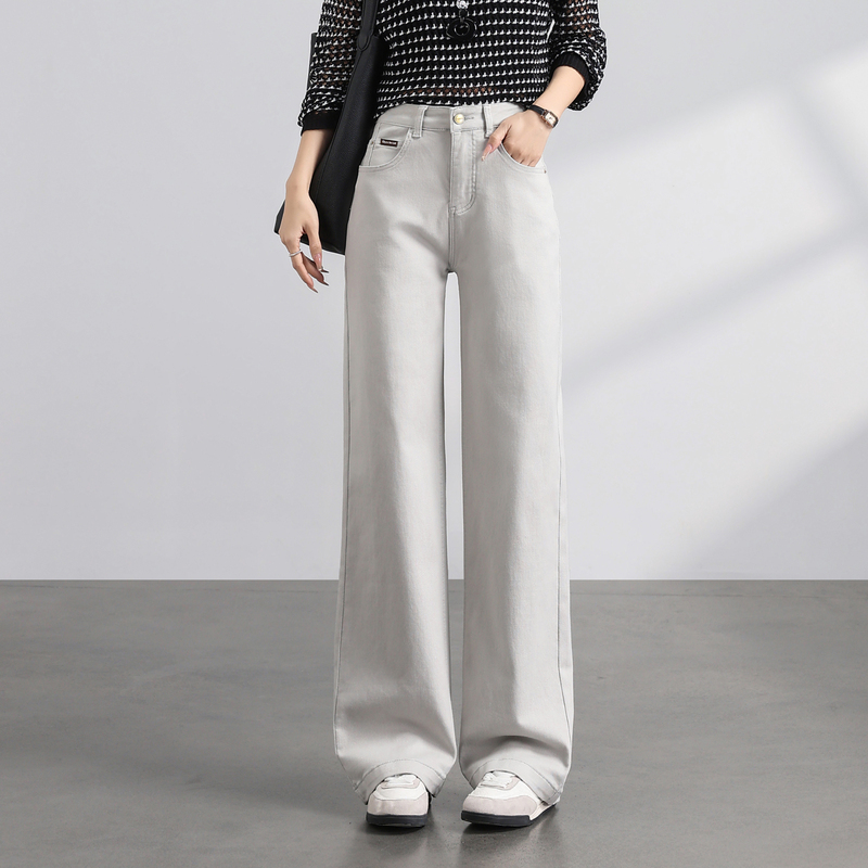 Gray High-End Straight-Leg Jeans for Women, Spring 2026 New Style, Washed, Loose Fit, Slimming, Drapey, Extended Length, Wide-Leg Pants
