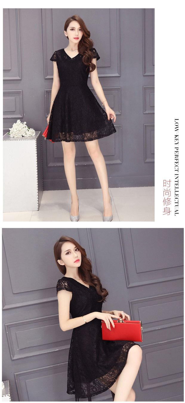 Mùa hè Hàn Quốc khí chất V-cổ cao eo ren váy Slim Một từ váy của phụ nữ béo không khí dài váy xòe ngắn liền thân
