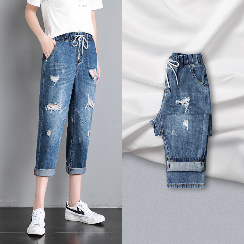 The hole jeans woman in summer 2023 high waist and slim eight - minute straight - tube Harlen pants