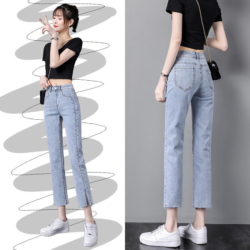 (clear cabin) open fork straight cylinder jeans female summer thin section 2022 new small sub 90% smoke pipe pants children