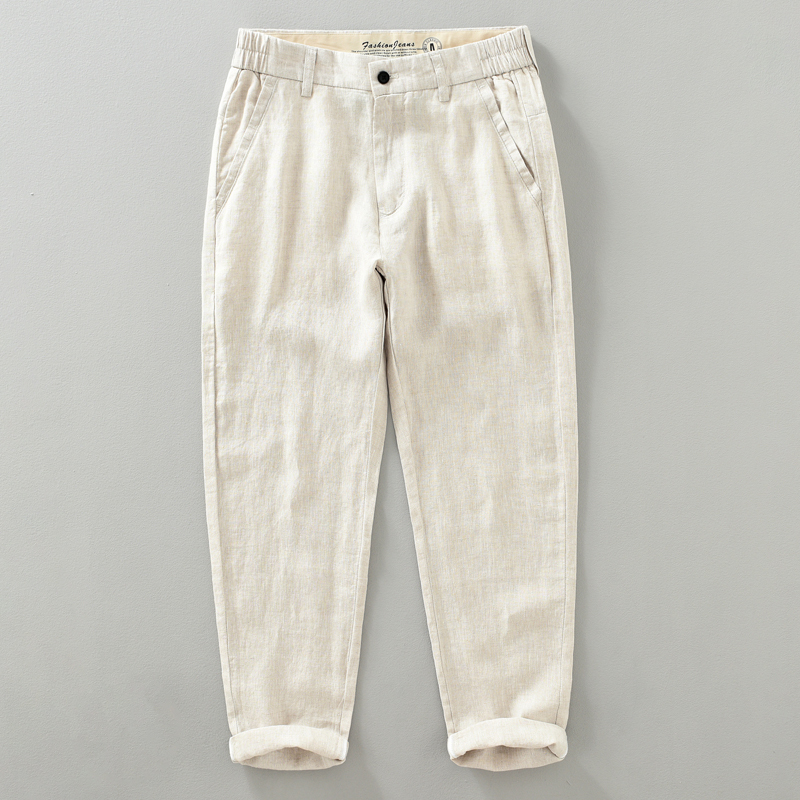 Men's Pure Linen Pants, Casual Cropped Pants, Summer Thin Style, Artistic Youth Loose Straight Breathable Cotton-Linen Material Dress Pants