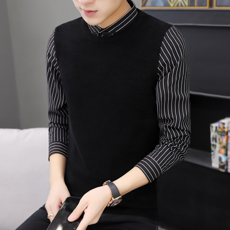 Fake two long-sleeved T-shirts with collars Men's autumn tops Small shirts Spring and autumn trends Korean version wear autumn clothes outside