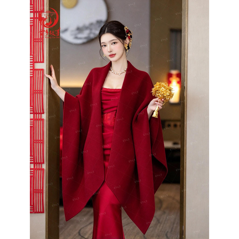 New Chinese-Style Bright Red Shawl Engagement Dress for Women, Autumn and Winter New Model, Stunning Wedding Bride's Toast Dress with Cardigan New Chinese-Style Bright Red Shawl Engagement Dress for Women, Autumn and Winter New Model, Stunning Wedding Bride's Toast Dress with Cardigan