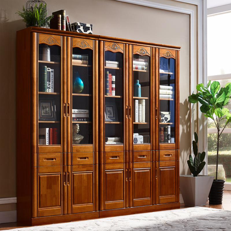 Solid Wood Oak Bookcase Bookshelf Bookcase with Glass Door Modern Simple Chinese-Style Floor-Standing Combination Office File Cabinet