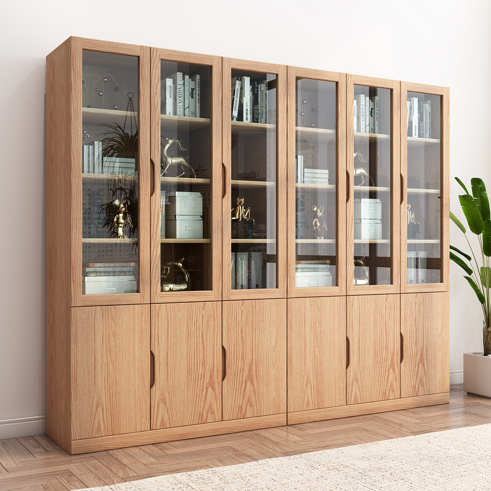 Full solid wood bookcase Nordic with glass door modern minimalist oak floor office File cupboard Bookshelf Home