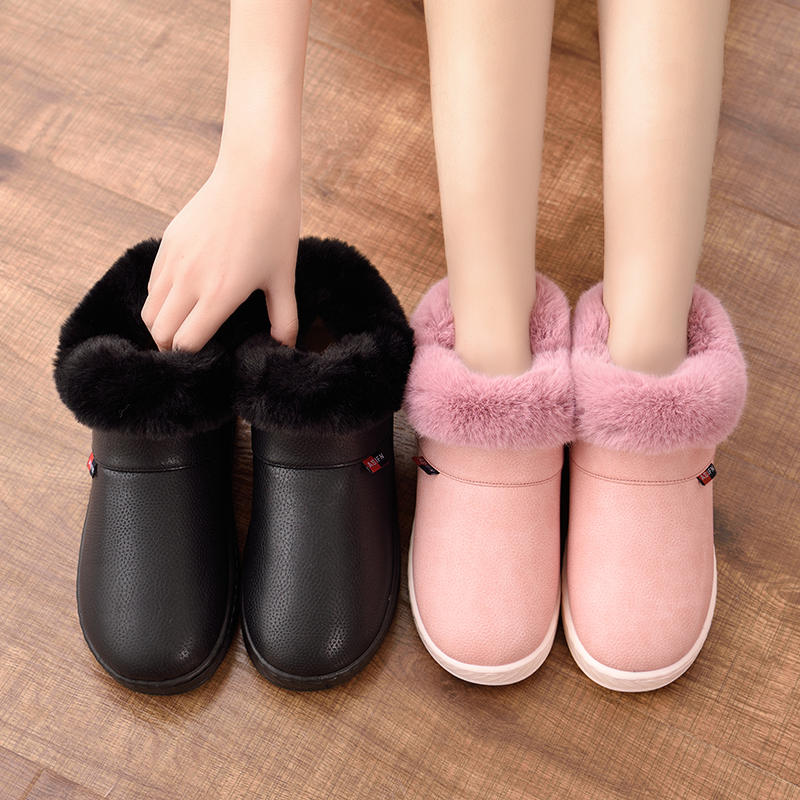 Winter PU leather waterproof male and female warm cotton slippers bag heel couple's home indoor thickened soft bottom non-slip cotton shoes