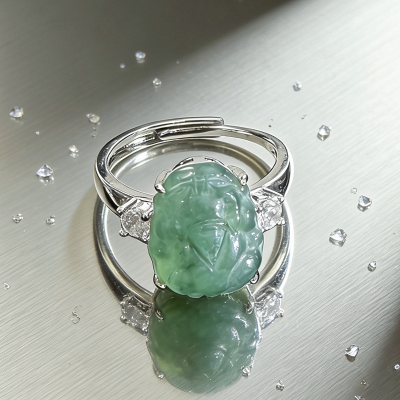 New natural A-grade jadeite ice type Pixiu ring diversity hair KBR51229005