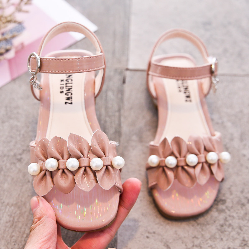 Next Road children's sandals female 2023 new summer high-heeled soft bottom little girl pearl princess shoes show