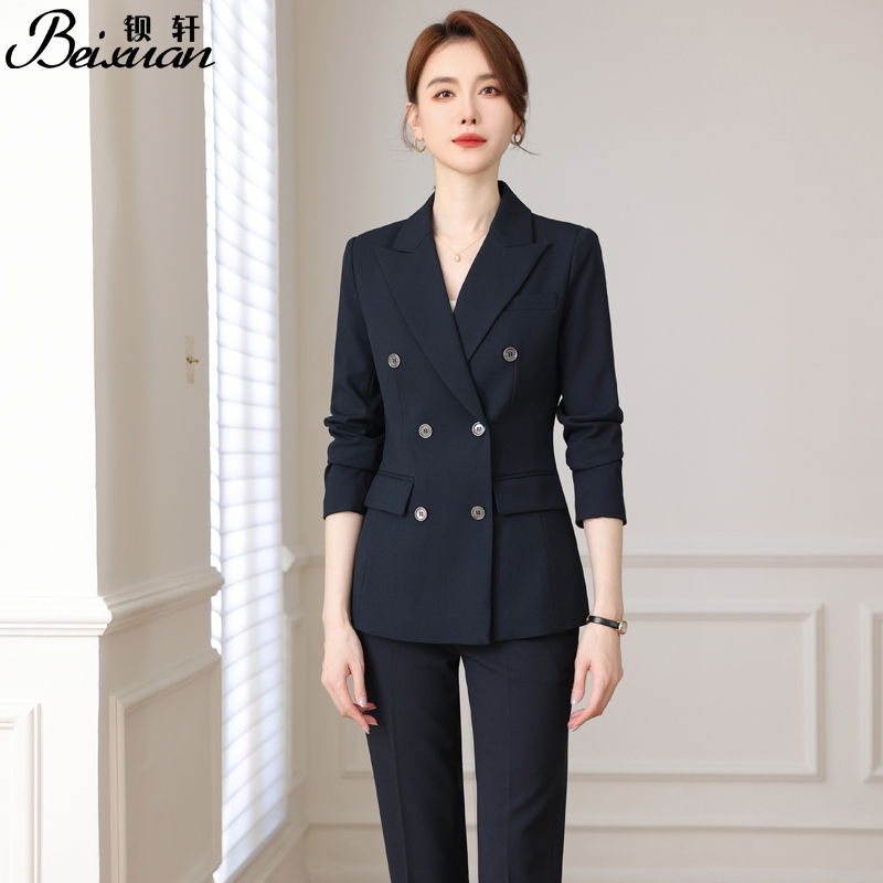 Professional Suit Set for Women, Autumn and Winter, Navy Blue Double-Breasted Suit, Elegant, Slim-Fitting, Capable, Business Commuting, Interview Formal Wear Professional Suit Set for Women, Autumn and Winter, Navy Blue Double-Breasted Suit, Elegant, Slim-Fitting, Capable, Business Commuting, Interview Formal Wear