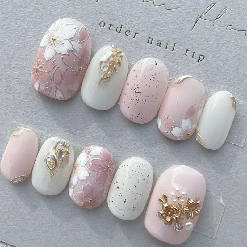 Handmade Japanese-Style Nail Art Finished Product ins Pink Gold-Edged Cherry Blossom Phototherapy Nails Commuter Nail Art Japanese-Style Press-On Nails for Girls