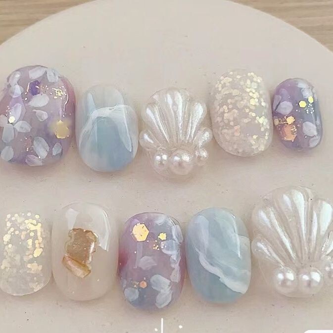 Summer Cool Mermaid Shell Handmade Wearable Nails Hand-Painted Purple Series Whitening Detachable Fake Nail Patches