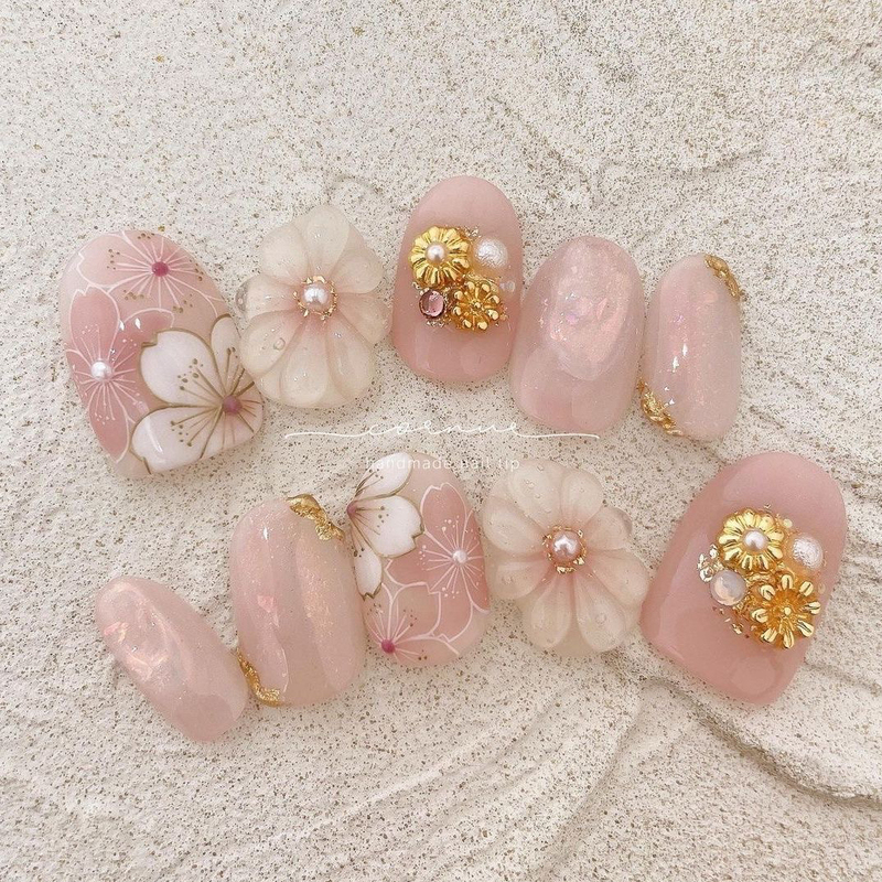 Japanese-Style High-End Pink Hand-Painted Flowers Cherry Blossom Gradient Brightening Handmade Wearable Nails Embossed Water Drop Flower Three-Dimensional New Style