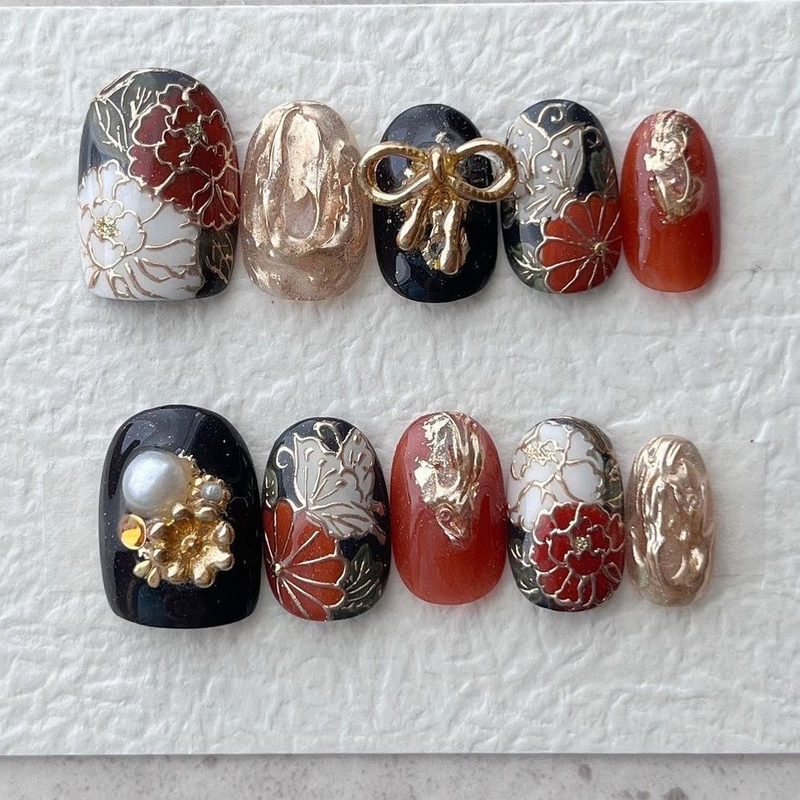 Handmade Nail Art Finished Product Short Style Japanese Style ins Black and Red Peony 3D Pattern Water Drop Flower Press-On Nails