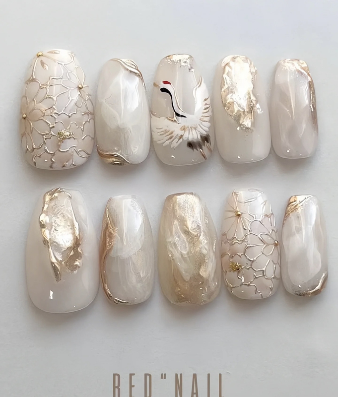 Purely Handmade Wearable Nails, Chinese Style Crane, New High-End Niche Design Nail Art Patches, Finished Fake Nails