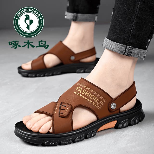 Woodpecker Sandals Men's 2024 Summer New Genuine Leather Casual Shoes Men's Soft Sole Anti-Slip Sandals Dual-Purpose Sandals and Slippers