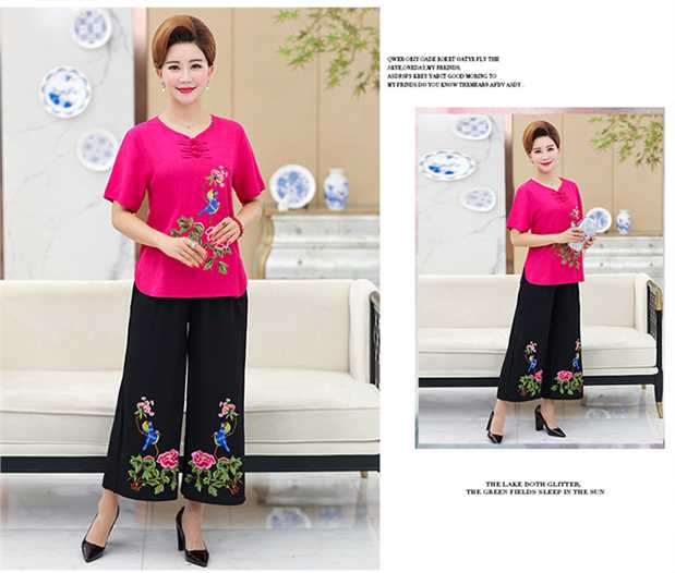Áo dài mùa hè cho bé bộ đồ cotton và vải lanh hai mảnh của phụ nữ trung niên gió quốc áo ngắn tay thêu bà già - Quần áo của mẹ váy cho người trung tuổi