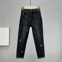 Black plus velvet jeans womens 2022 new winter high waist loose and thin European hot drill harem pants baggy pants