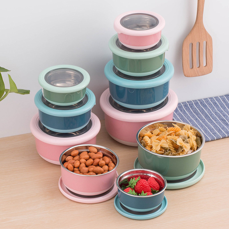 Kitchen food grade round stainless steel fresh-keeping box large adult lunch box sealed refrigerator fruit box instant noodle bowl