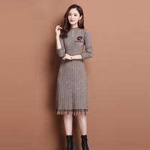 Lady Lieven dress with long style undershirt 2022 autumn and winter new thickened sweater dress with a lap lace dress