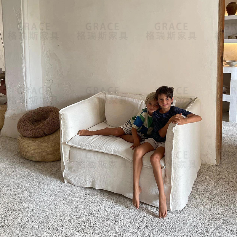 Wabi-Sabi Style French Retro Fully Removable and Washable Linen Fabric Homestay Cream Style White Single down Sofa for Clothing Store Wabi-Sabi Style French Retro Fully Removable and Washable Linen Fabric Homestay Cream Style White Single down Sofa for Clothing Store