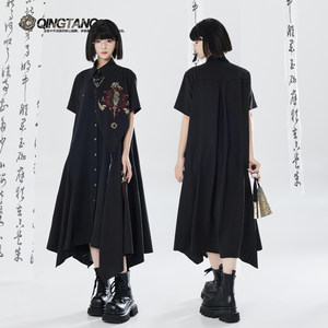 Qingtang Original - Zhenlin Youhui - Embroidered Patchwork with Gold Thread, Irregular Loose Long Dress for Everyday Wear That Makes You Look Slimmer