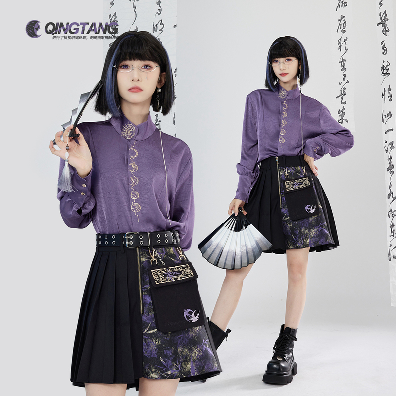 Qingtang Original - Moon Phases - National Style Gender-Neutral Stand-Up Collar Versatile Embroidered Long-Sleeve Shirt with Gold Thread Pleated Skirt