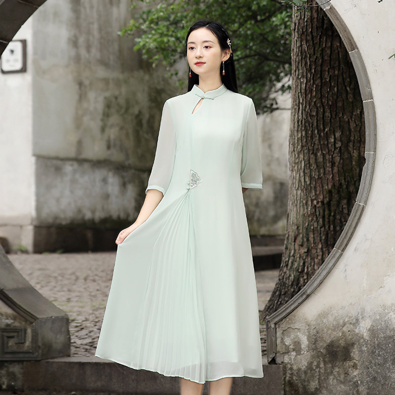 Daily wear improved cheongsam, Zen clothes, tea clothes, women's Chinese style, retro women's clothes, summer ancient style, fairy dress