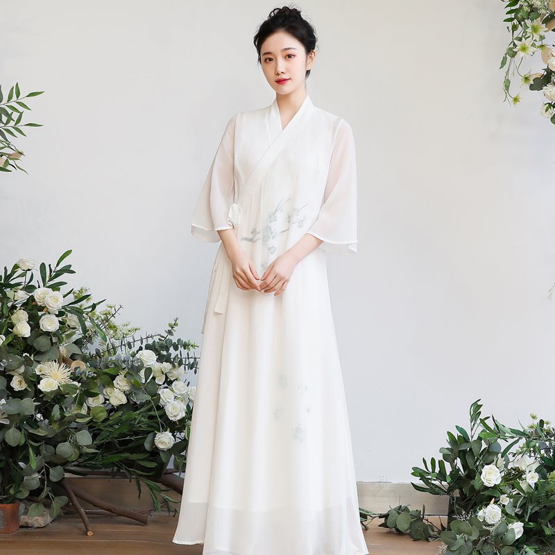 New Chinese-Style Improved Hanfu Tea Attire Zen-Inspired Set Ethereal Zen Clothing Women's Buddhist-Style White Robe Dress