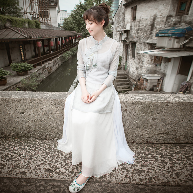 Improved Han Wending 2023 new tea suit Chinese wind women's wear thin breathable flaggown disc button Xia